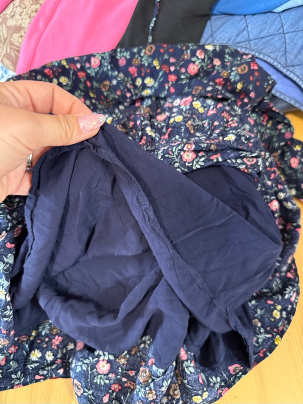 Yumi Navy Floral Lined Long Sleeve Dress Tie Neck Ruffle Pleated Mini Short L/10 - Picture 8 of 10